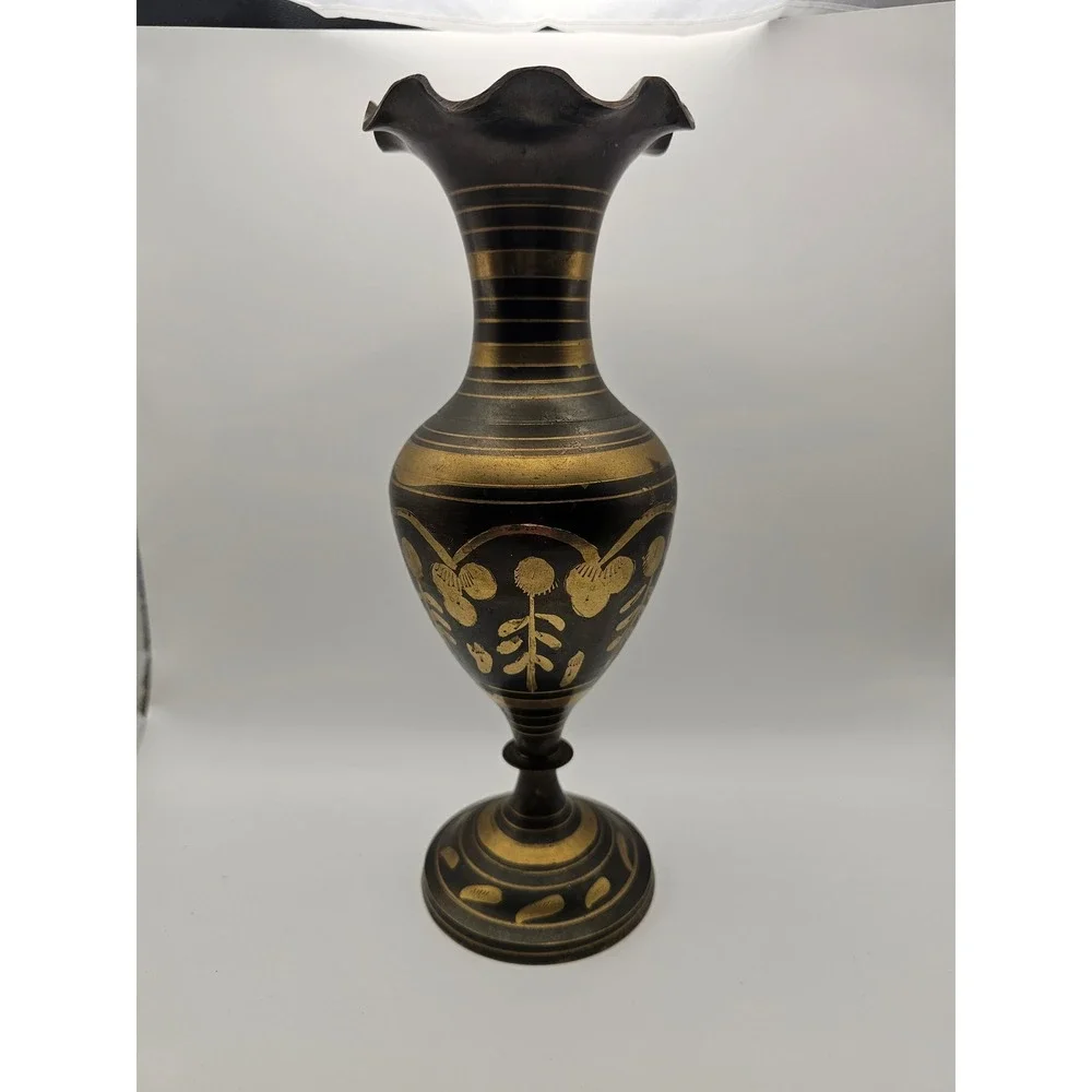 Vintage Etched Brass Vase Black Gold Floral Ruffled Rim Pedestal Base 10.5